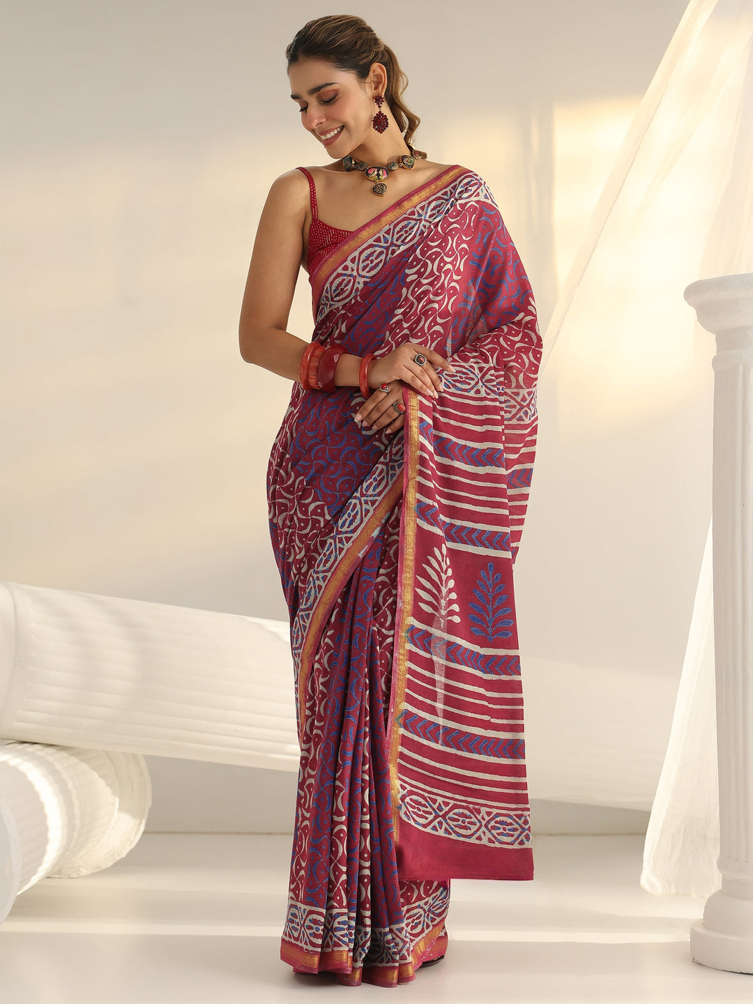 Pink Dabu Print Cotton Saree