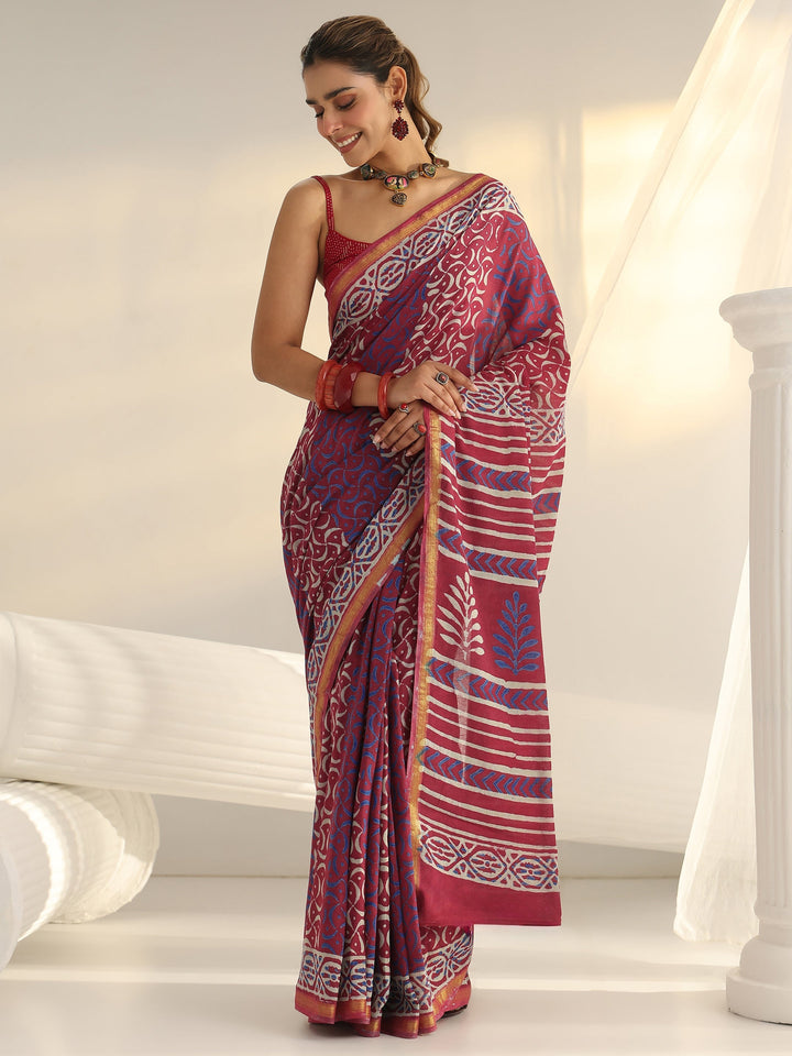 Pink Dabu Print Cotton Saree
