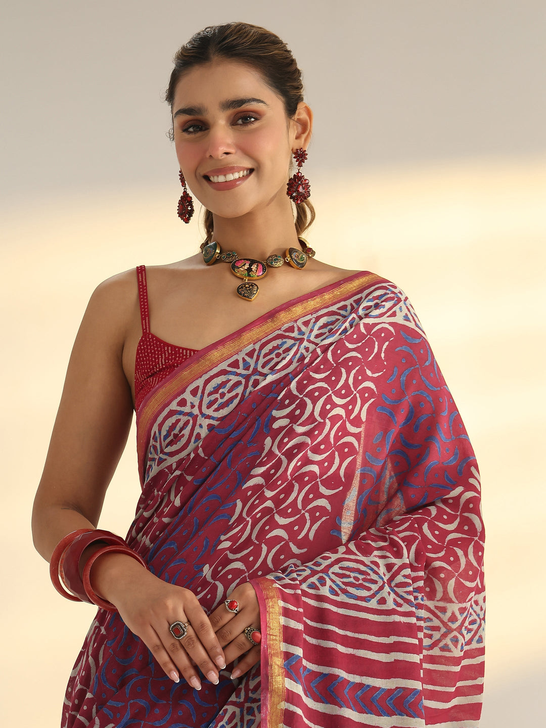 Pink Dabu Print Cotton Saree