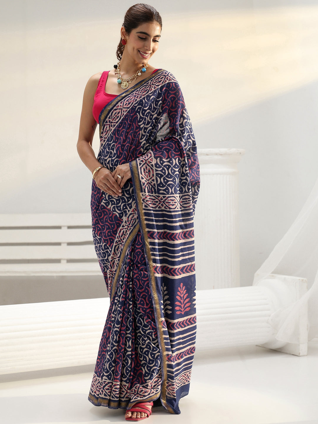 Navy Abstract Dabu Print Cotton Saree