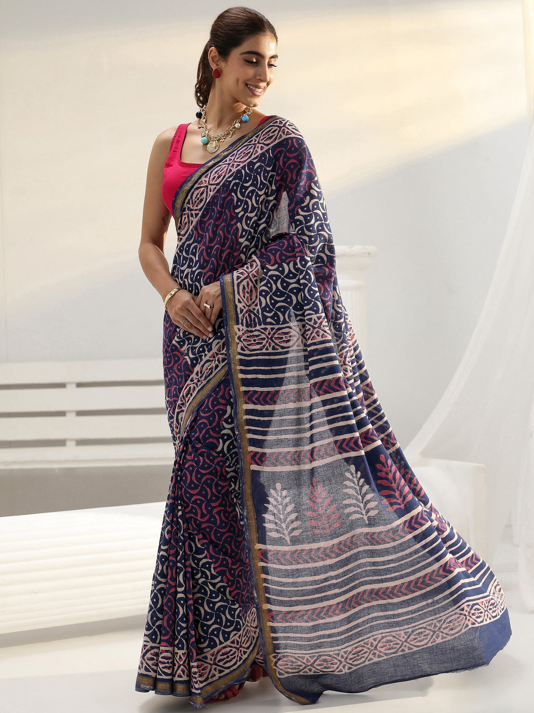 Navy Abstract Dabu Print Cotton Saree