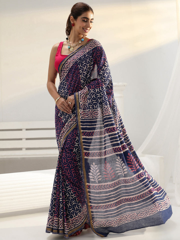 Navy Abstract Dabu Print Cotton Saree