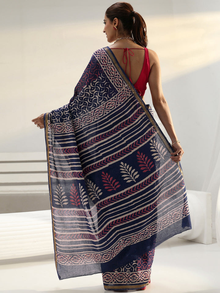 Navy Abstract Dabu Print Cotton Saree