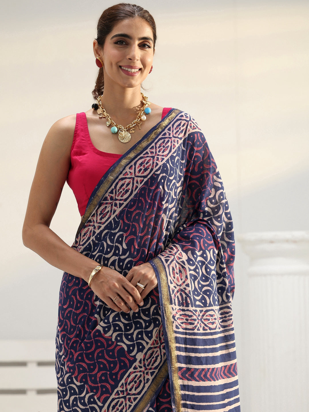 Navy Abstract Dabu Print Cotton Saree