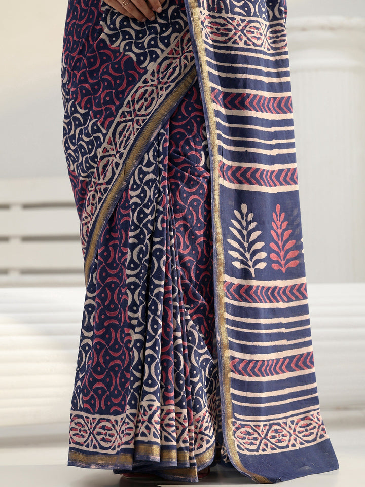 Navy Abstract Dabu Print Cotton Saree