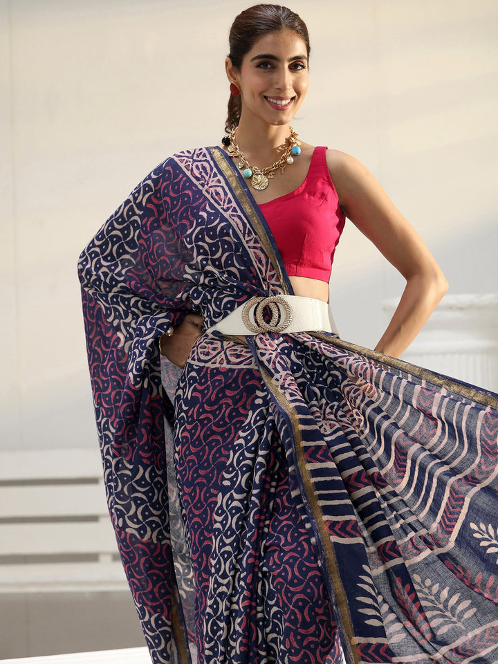 Navy Abstract Dabu Print Cotton Saree