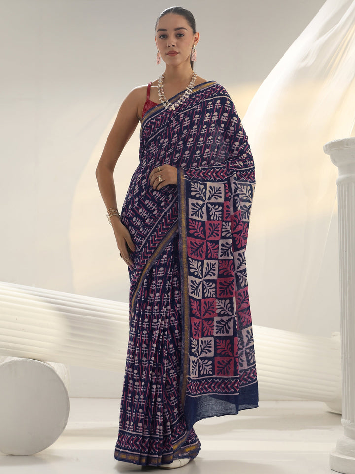 Blue Dabu Print Cotton Saree