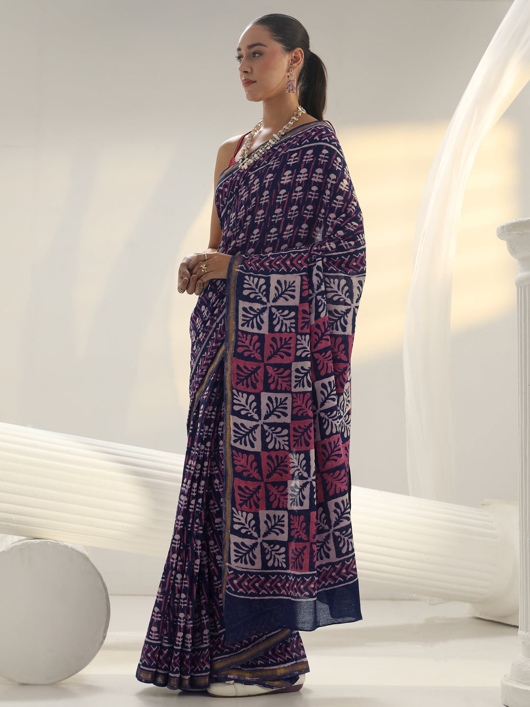 Blue Dabu Print Cotton Saree