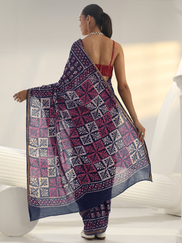 Blue Dabu Print Cotton Saree