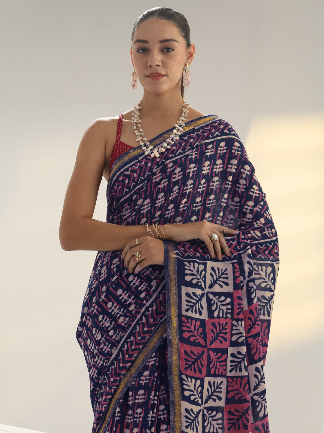 Blue Dabu Print Cotton Saree