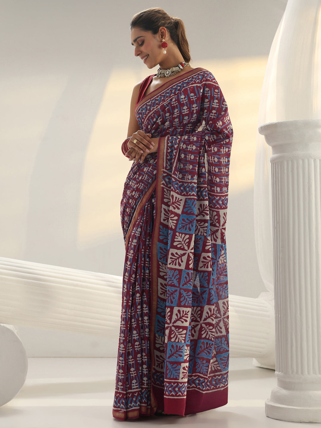 Pink Dabu Print Cotton Saree