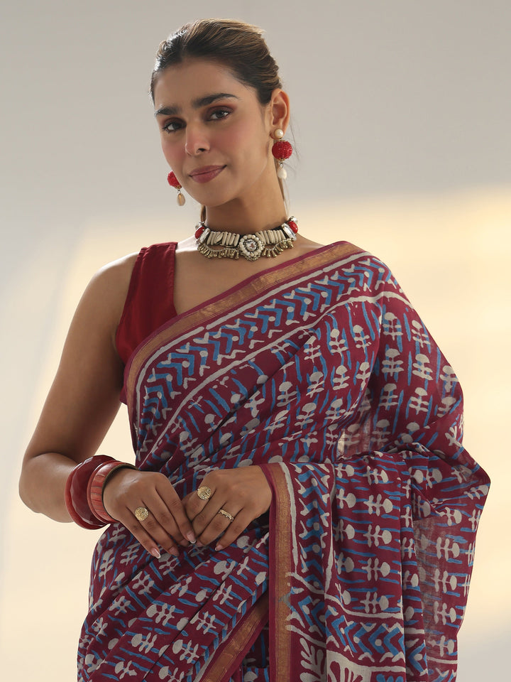 Pink Dabu Print Cotton Saree