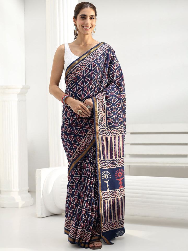 Blue Geometric Dabu Print Cotton Saree