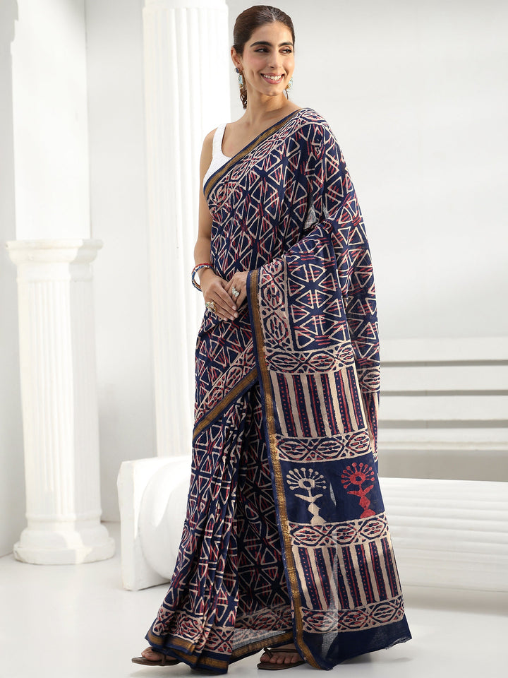 Blue Geometric Dabu Print Cotton Saree