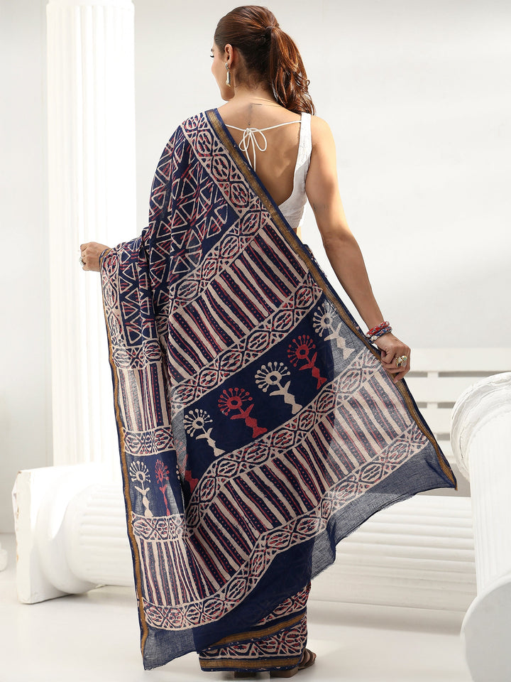 Blue Geometric Dabu Print Cotton Saree