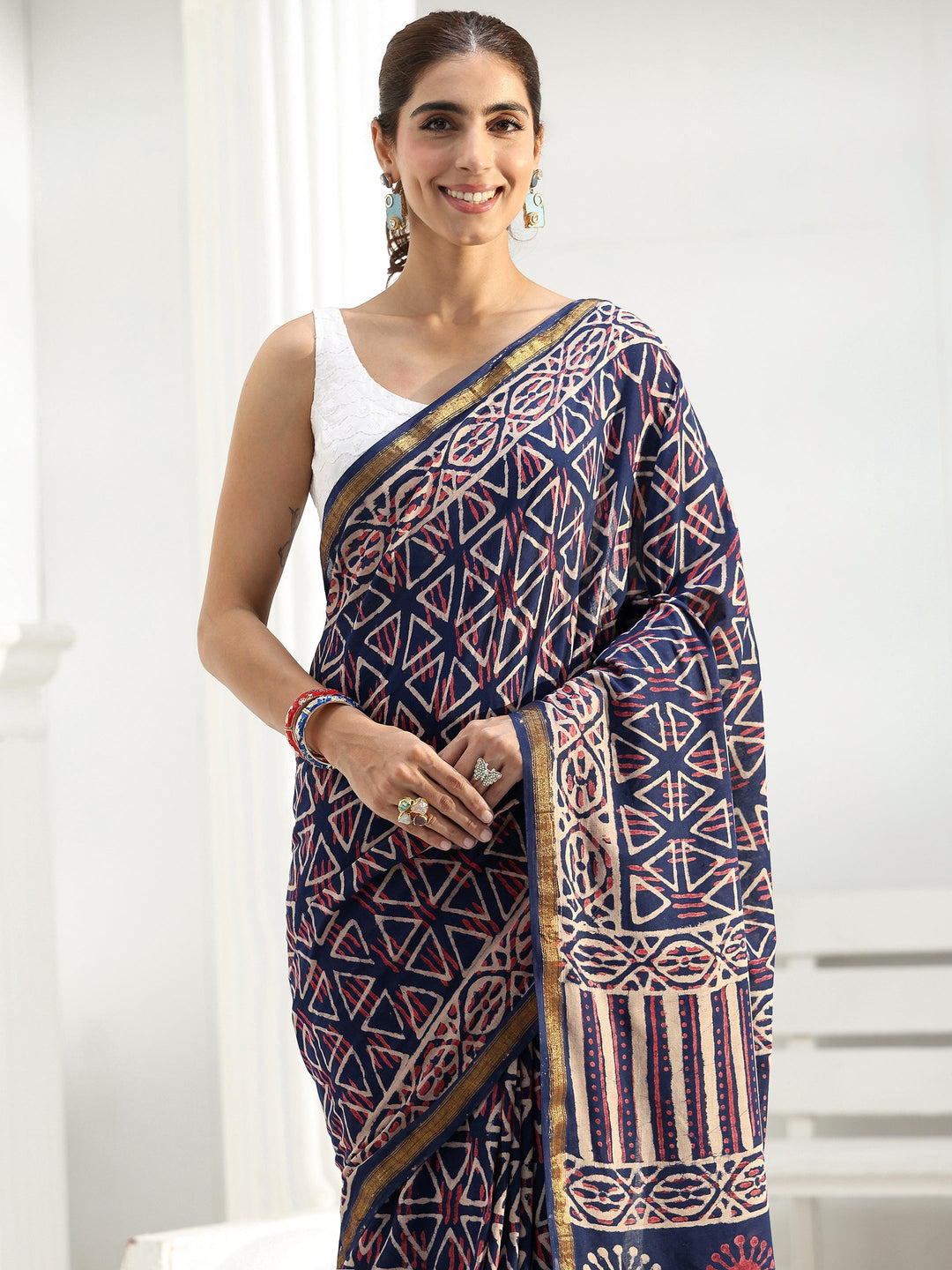Blue Geometric Dabu Print Cotton Saree