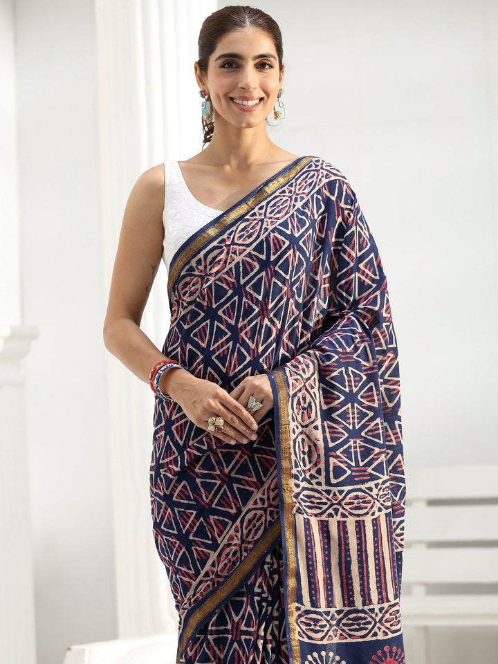 Blue Geometric Dabu Print Cotton Saree