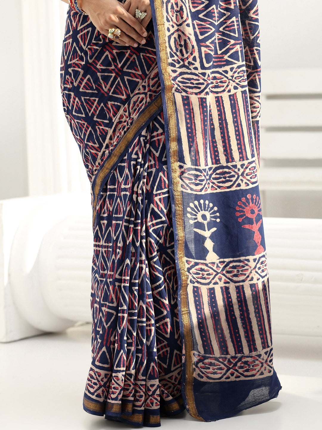 Blue Geometric Dabu Print Cotton Saree