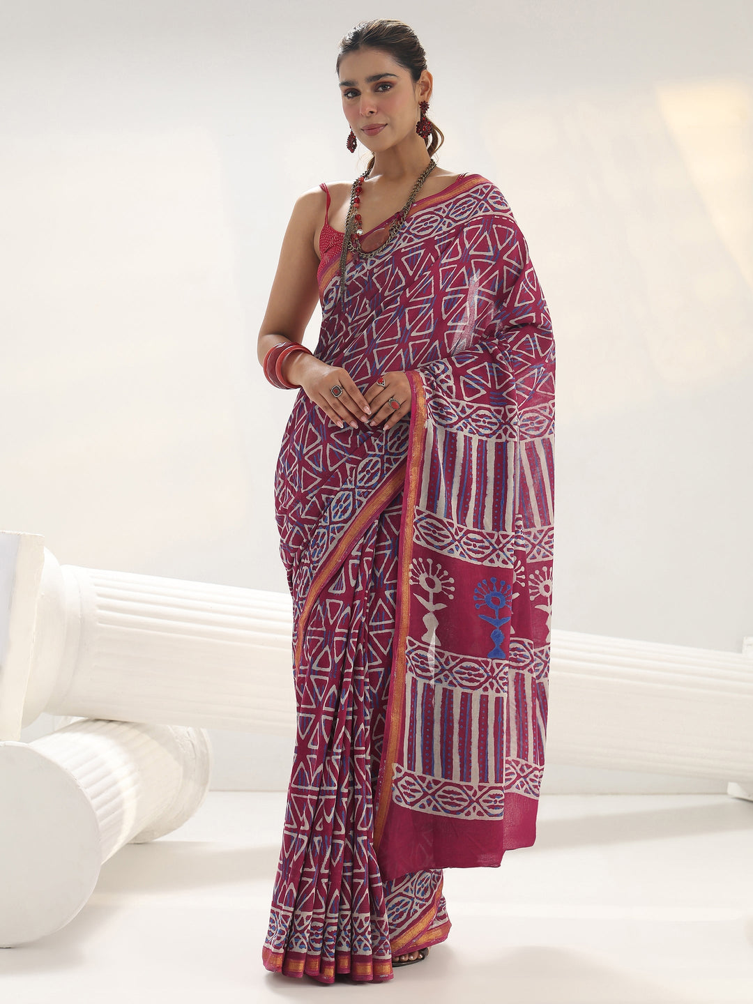Pink Geometric Printed Cotton Saree