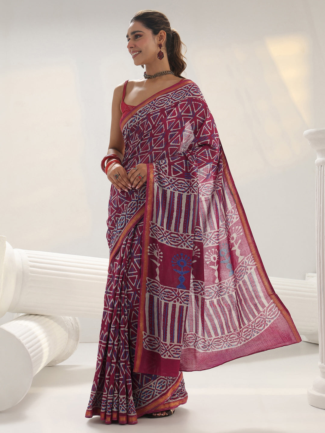 Pink Geometric Printed Cotton Saree