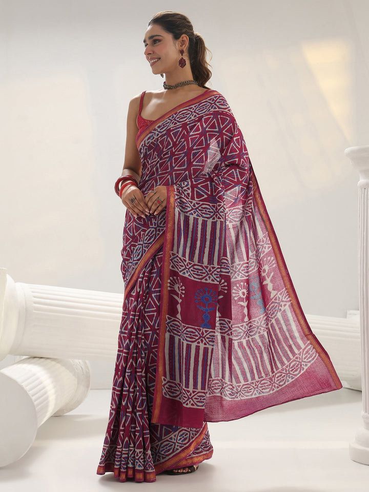 Pink Geometric Printed Cotton Saree