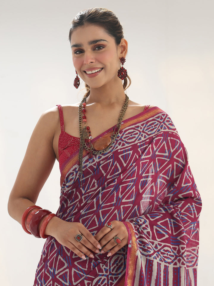Pink Geometric Printed Cotton Saree