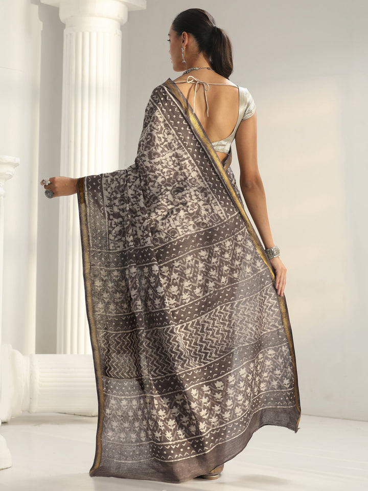 Brown Dabu Print Cotton Saree