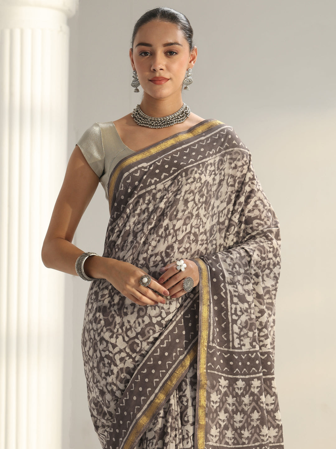 Brown Dabu Print Cotton Saree