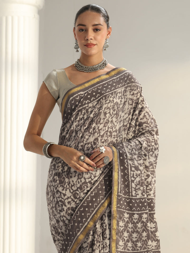Brown Dabu Print Cotton Saree