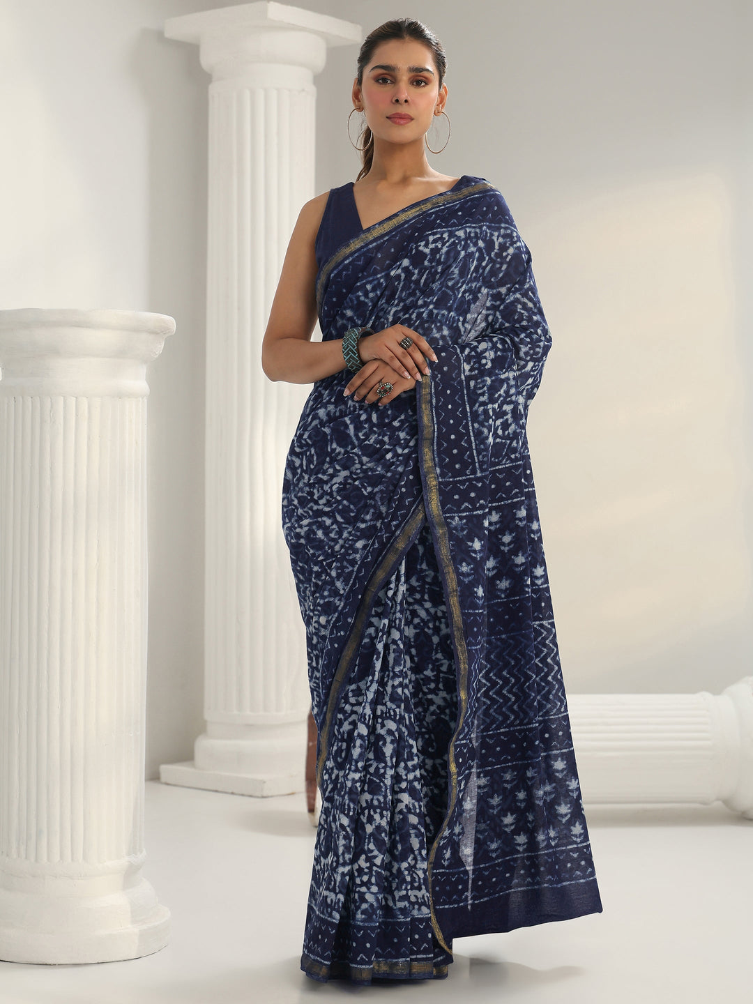 Blue Dabu Print Cotton Saree