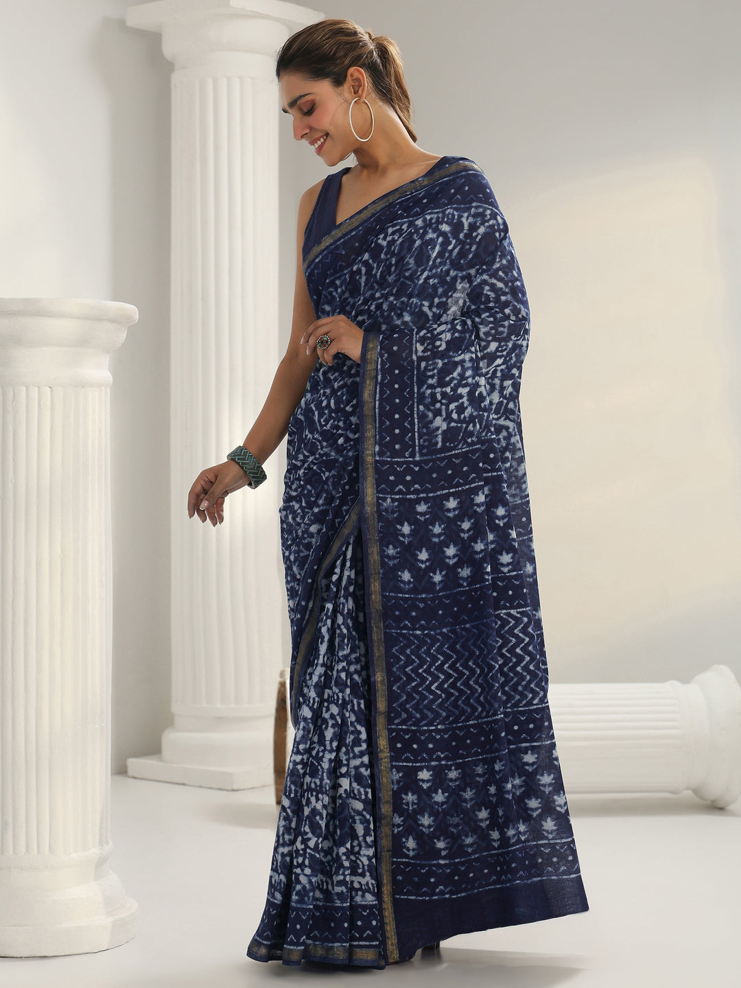 Blue Dabu Print Cotton Saree