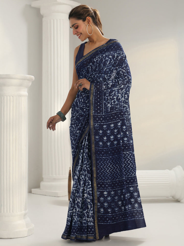 Blue Dabu Print Cotton Saree