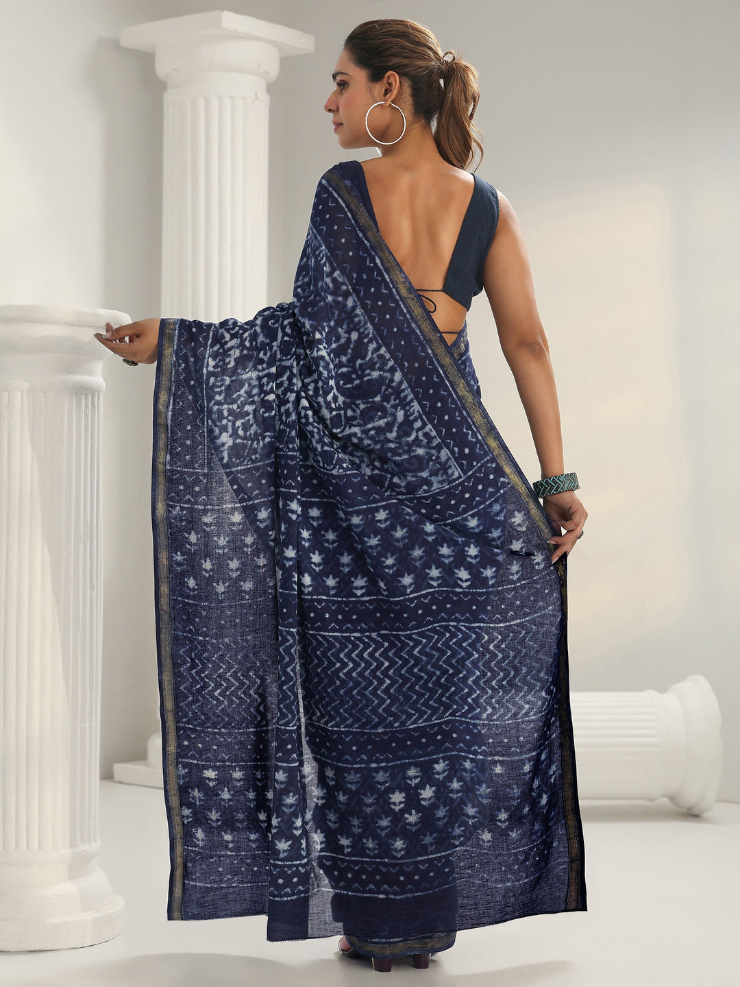 Blue Dabu Print Cotton Saree