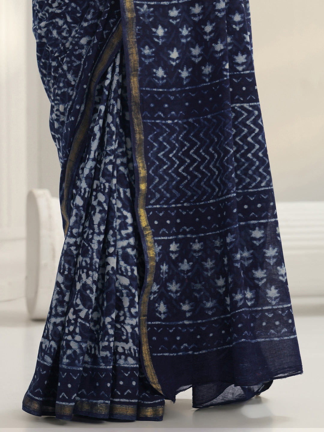 Blue Dabu Print Cotton Saree