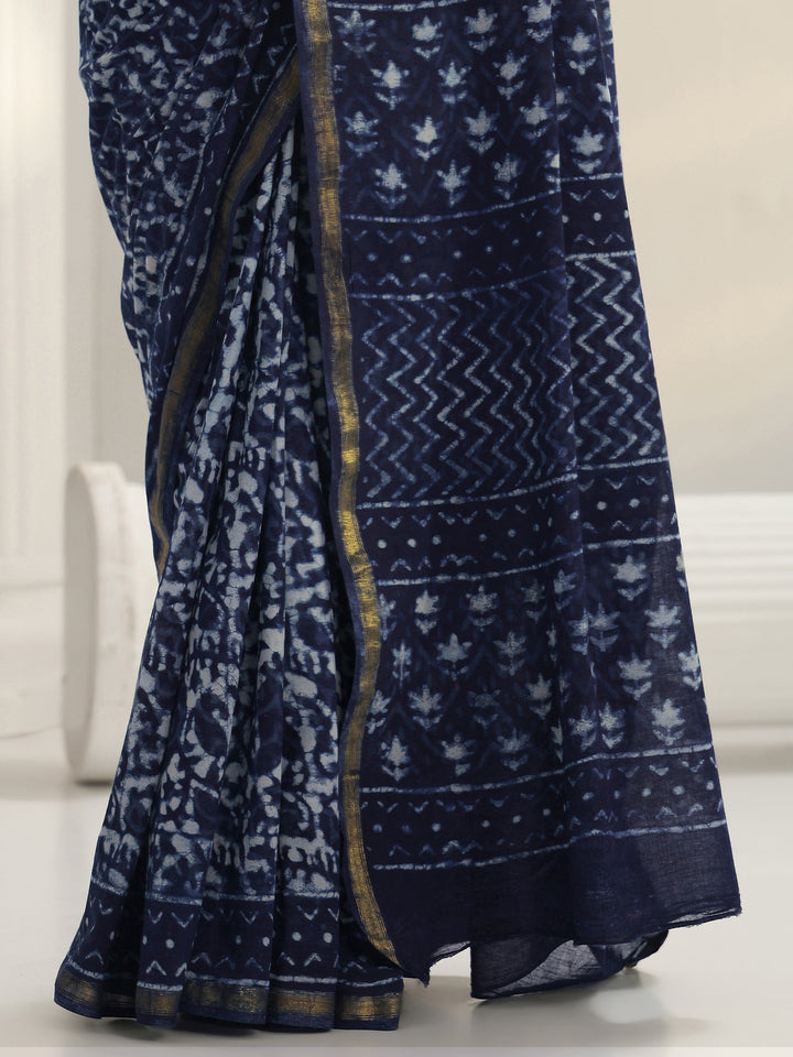 Blue Dabu Print Cotton Saree