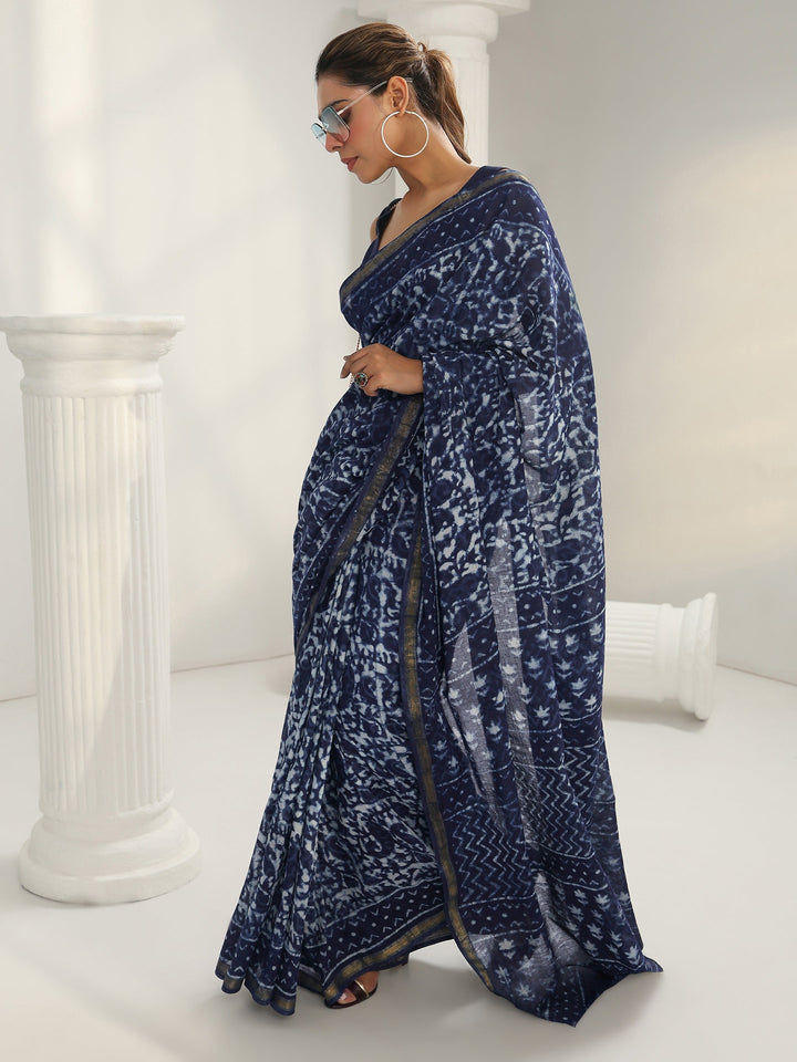 Blue Dabu Print Cotton Saree