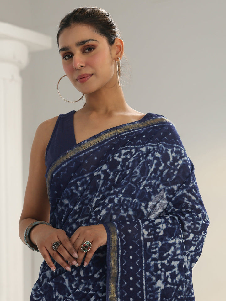 Blue Dabu Print Cotton Saree
