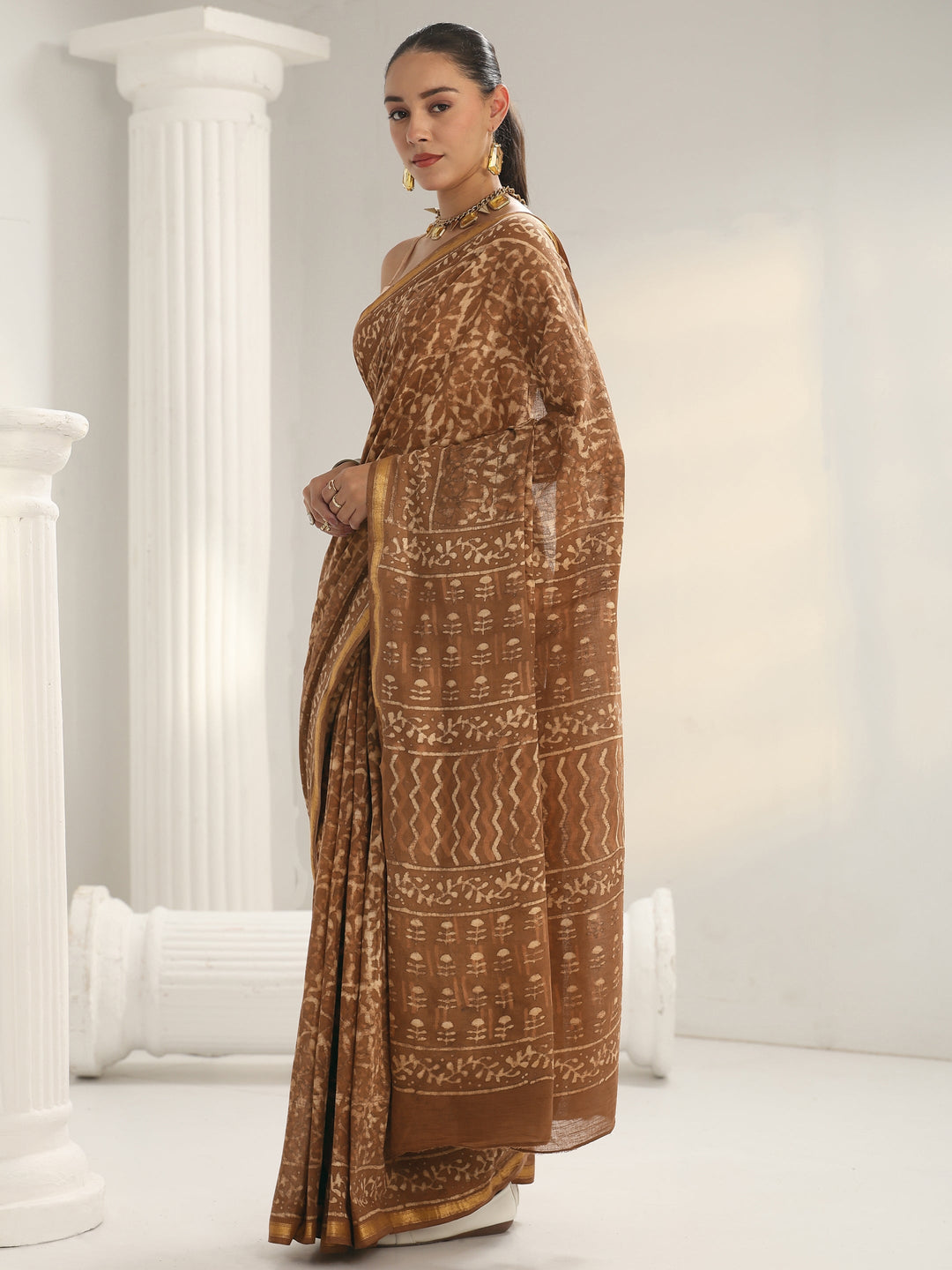 Brown Dabu Print Cotton Saree