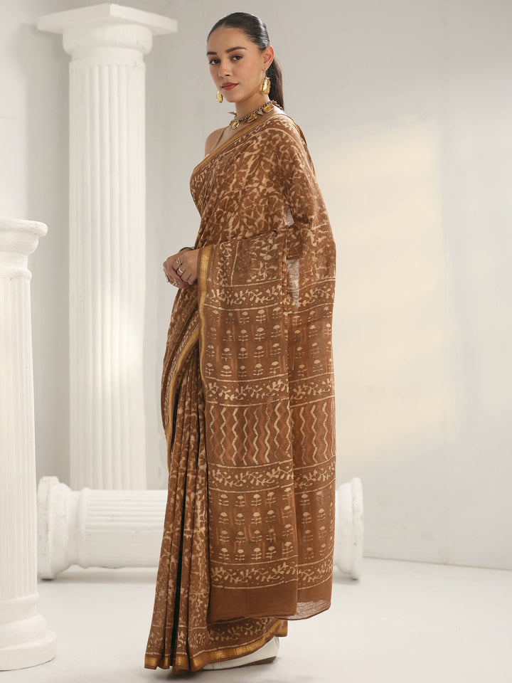 Brown Dabu Print Cotton Saree