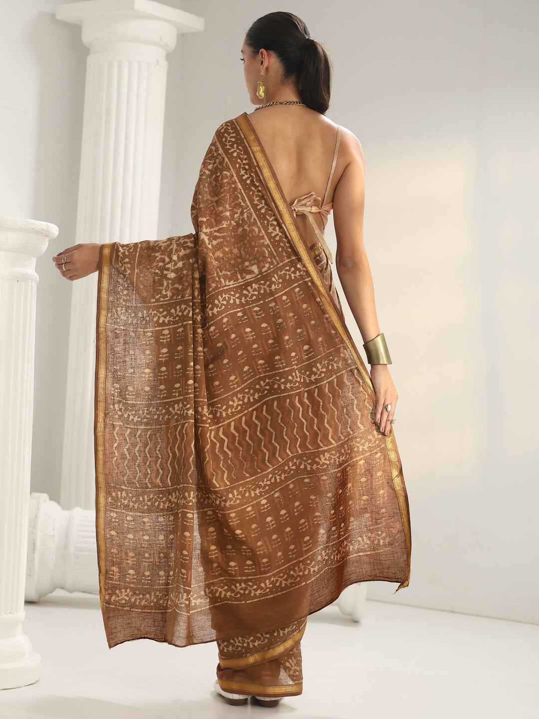Brown Dabu Print Cotton Saree