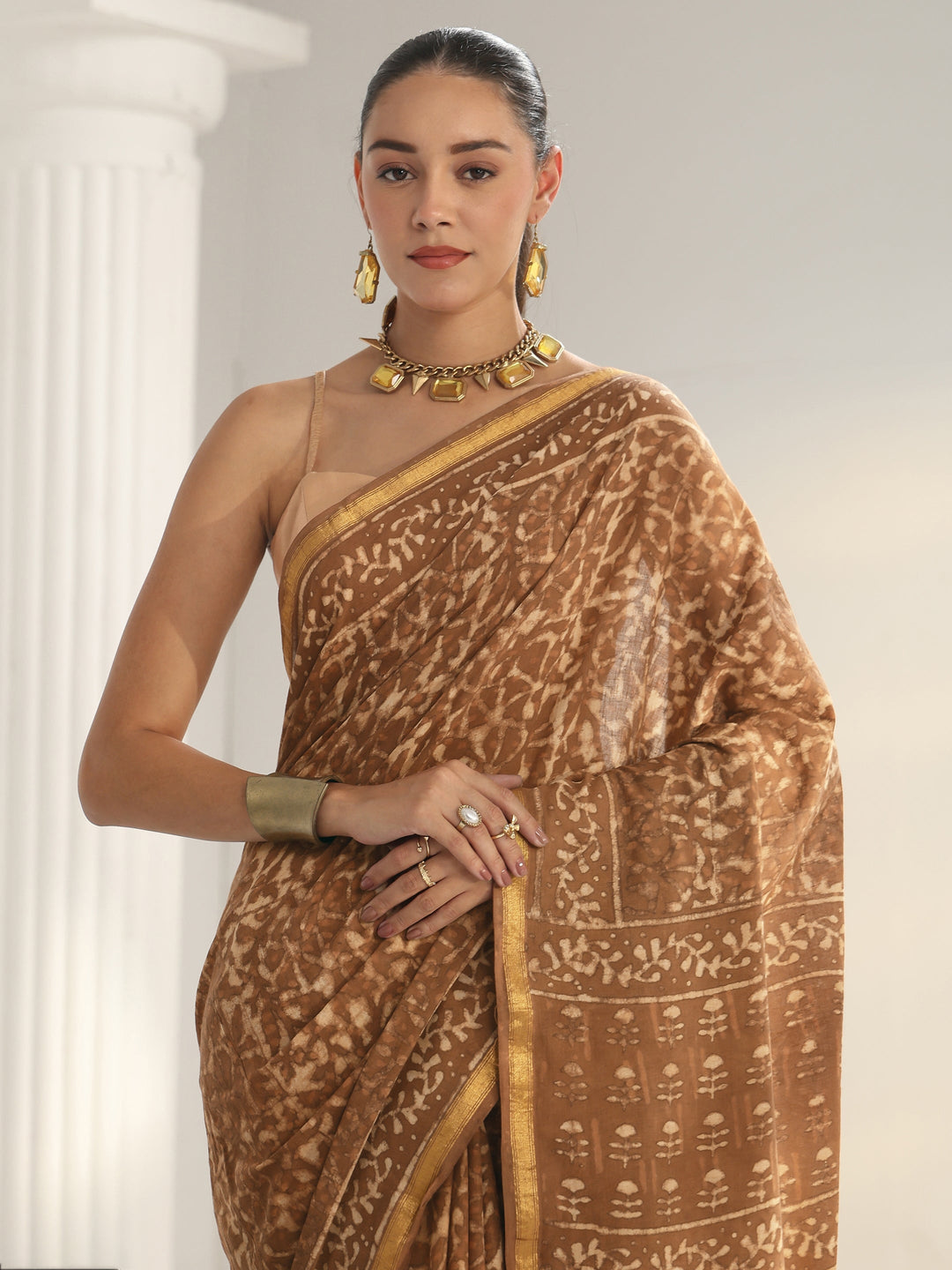 Brown Dabu Print Cotton Saree