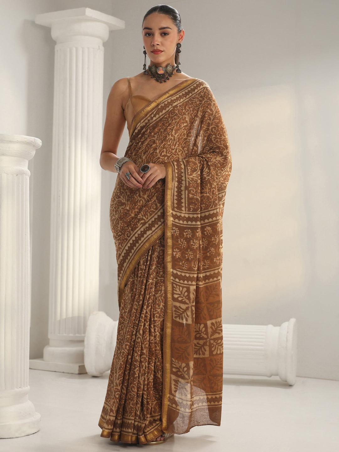 Brown Dabu Print Cotton Saree