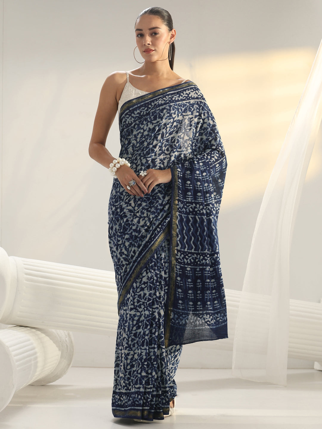 Indigo Dabu Print Cotton Saree