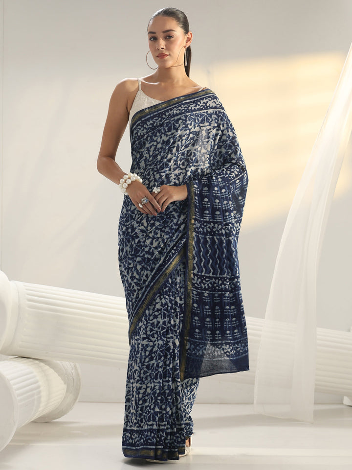 Indigo Dabu Print Cotton Saree