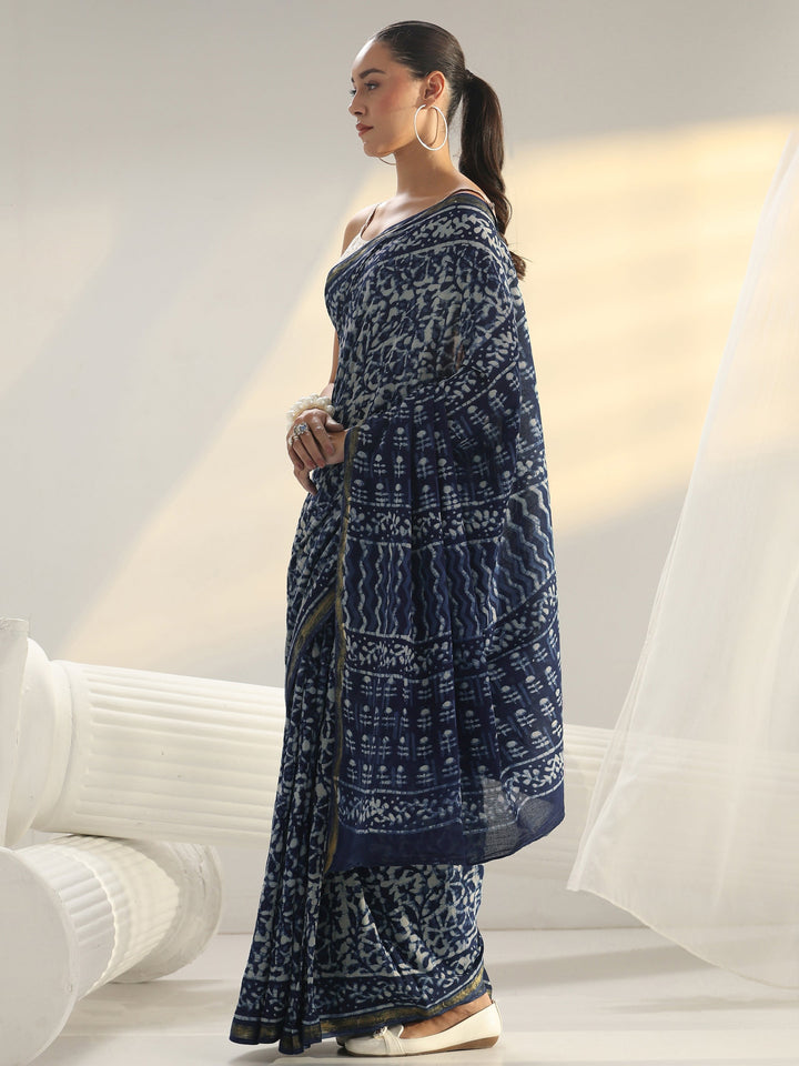 Indigo Dabu Print Cotton Saree