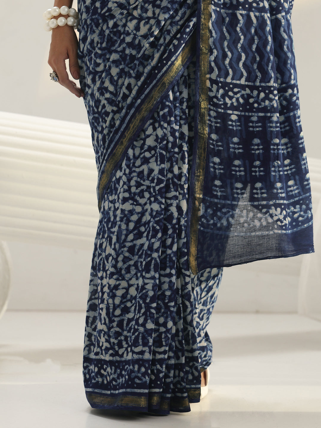 Indigo Dabu Print Cotton Saree