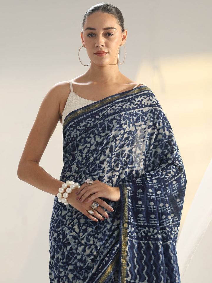 Indigo Dabu Print Cotton Saree
