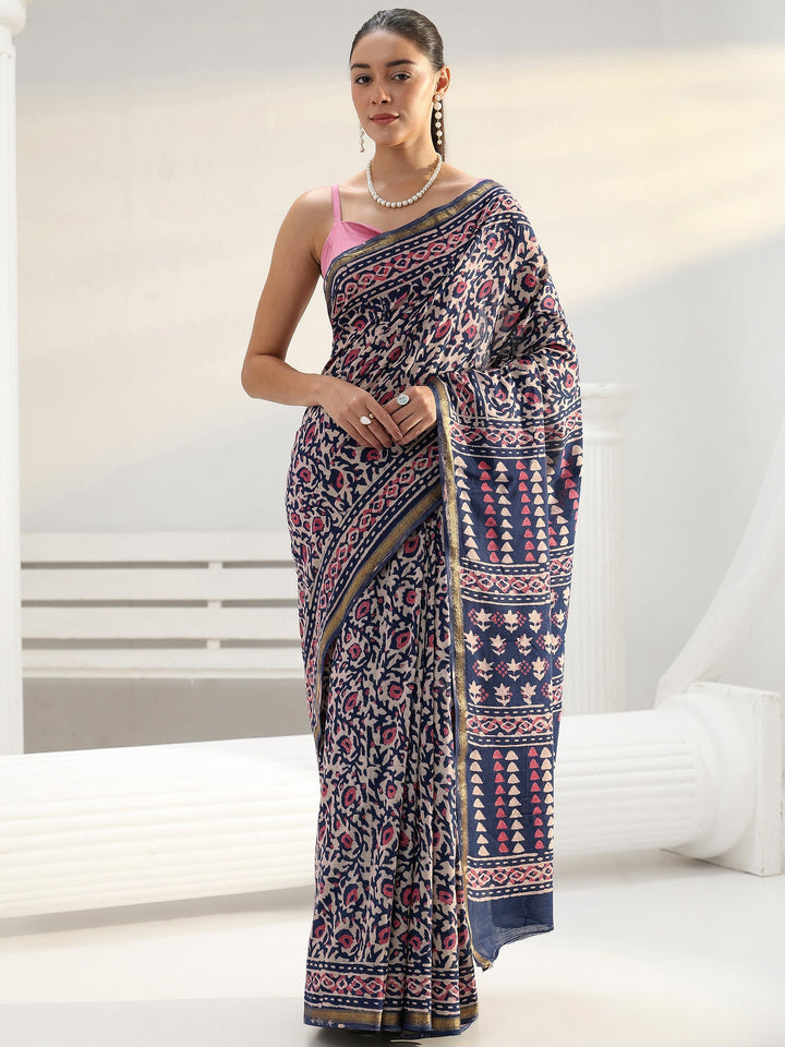 Beige Floral Printed Cotton Saree