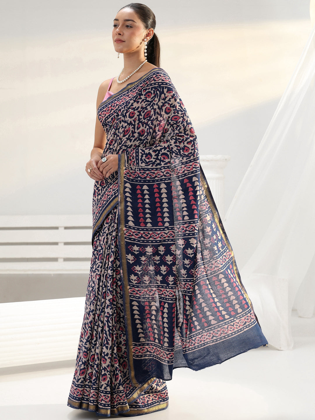 Beige Floral Printed Cotton Saree