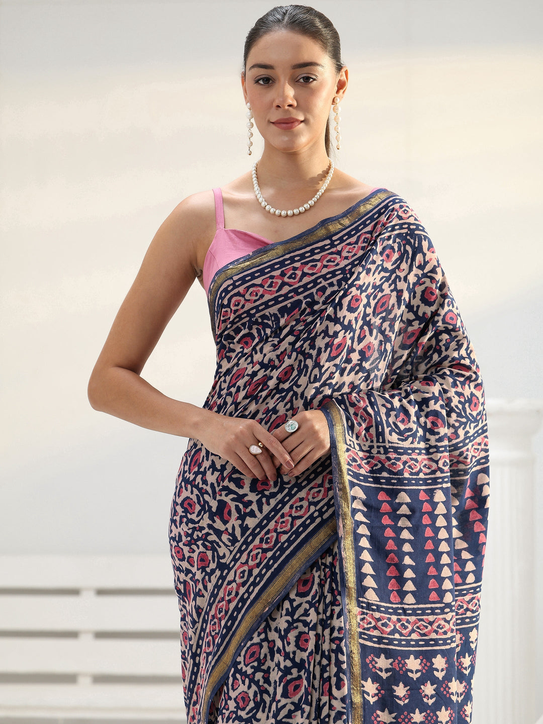 Beige Floral Printed Cotton Saree